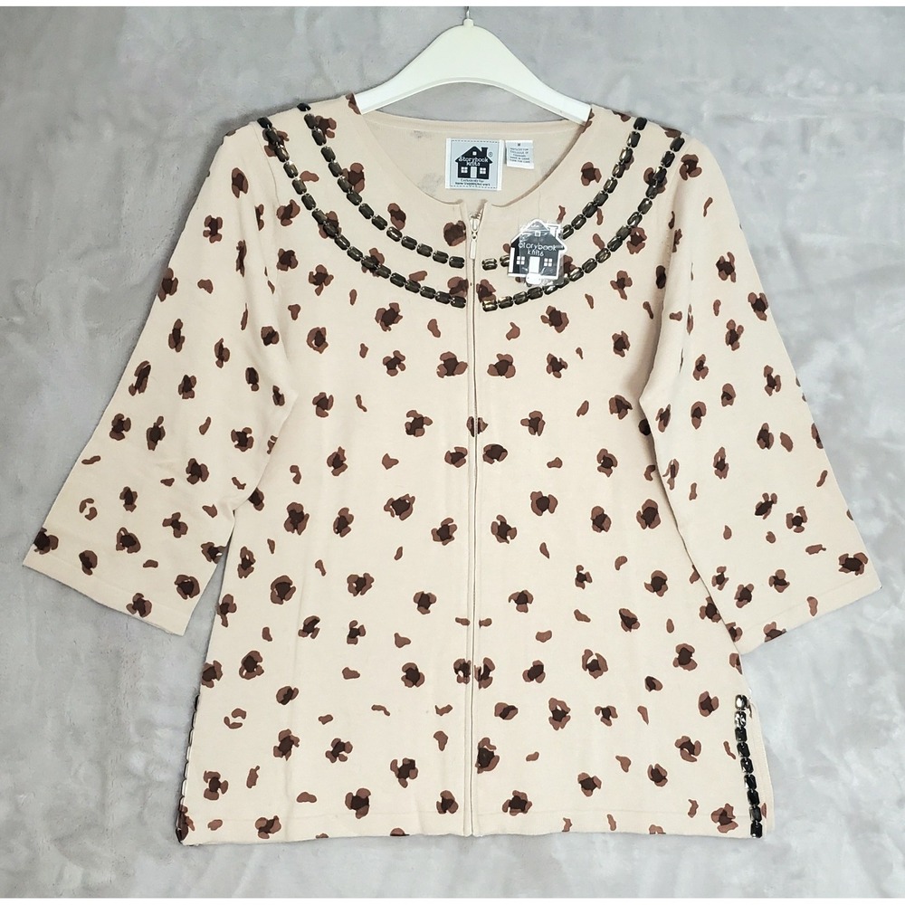 Storybook Knits Cardigan Size M Elegant Spots Rhinestone Animal Print Zip NWT
